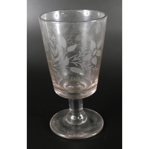 820 - A 19th Century claret jug with engraved design and a circa 1900 glass with Lord Kitchener engraving