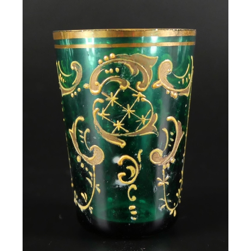 840 - A collection of enamelled and iridised glassware, two pieces possibly by Moser, some a/f