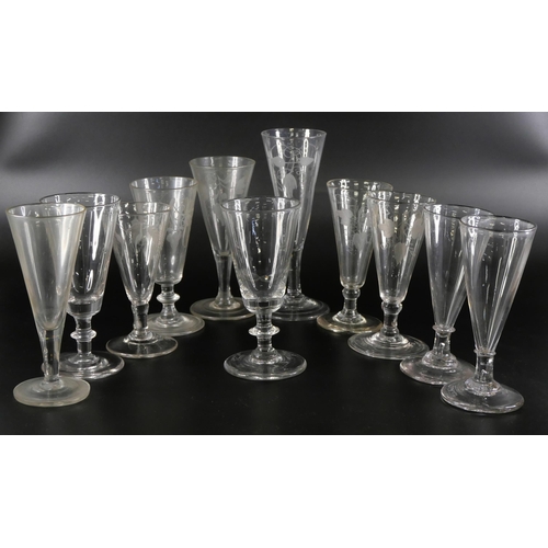 843 - Eleven plain and engraved ale glasses, circa 1800 and earlier