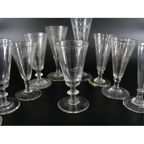 843 - Eleven plain and engraved ale glasses, circa 1800 and earlier