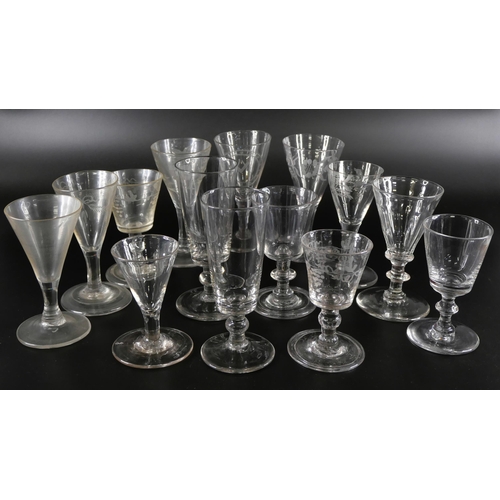 845 - Fourteen tot glasses including miniatures, circa 1800 and earlier