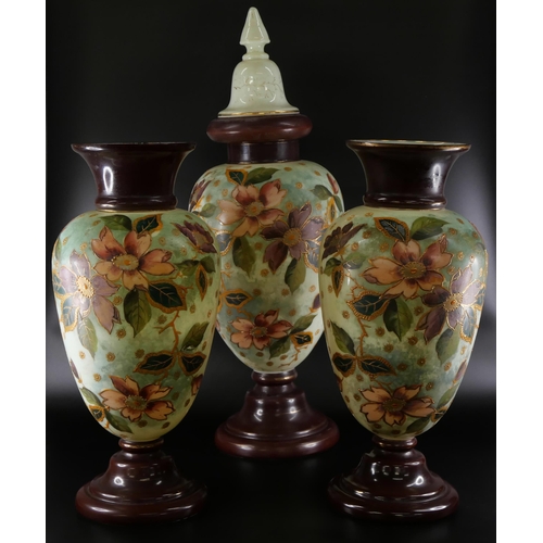 850 - A pair of opaline glass vases, 36.5cm, and a lidded vase