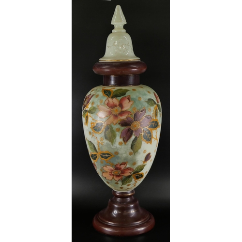 850 - A pair of opaline glass vases, 36.5cm, and a lidded vase