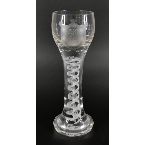 854 - Two Jacobite wine glasses, circa 1900, a double series opaque twist cordial glass with finely engrav... 