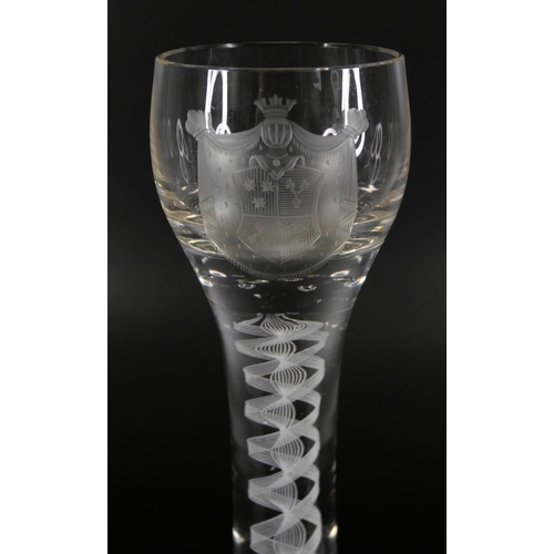 854 - Two Jacobite wine glasses, circa 1900, a double series opaque twist cordial glass with finely engrav... 