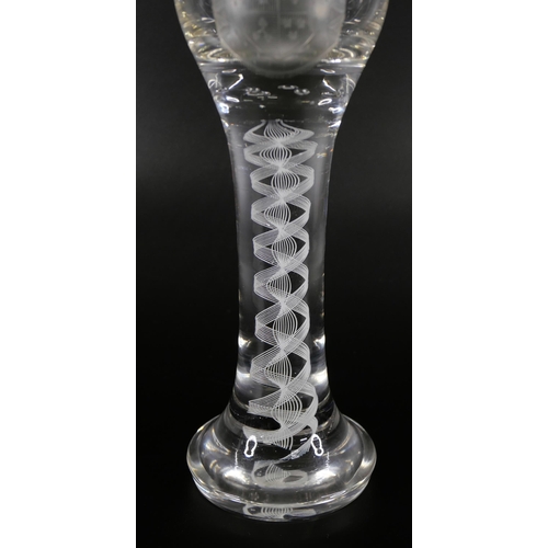 854 - Two Jacobite wine glasses, circa 1900, a double series opaque twist cordial glass with finely engrav... 