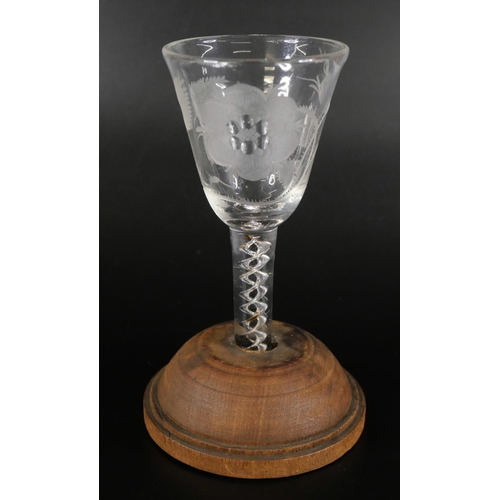 854 - Two Jacobite wine glasses, circa 1900, a double series opaque twist cordial glass with finely engrav... 