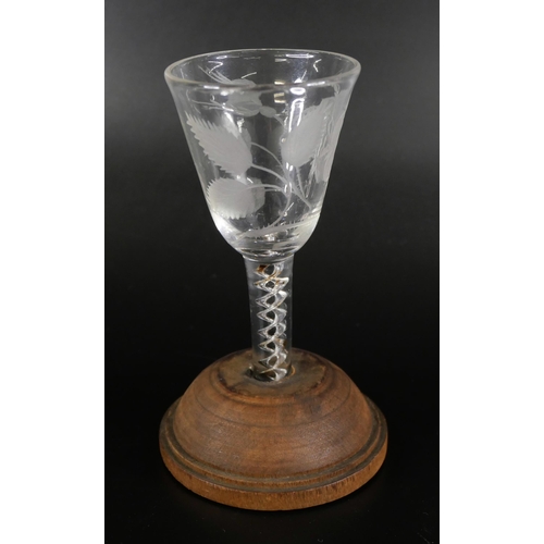 854 - Two Jacobite wine glasses, circa 1900, a double series opaque twist cordial glass with finely engrav... 