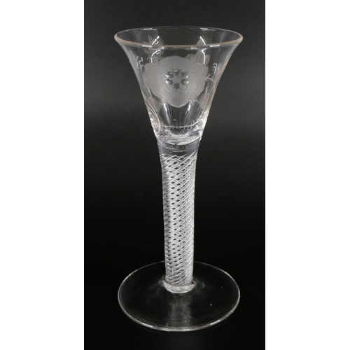 854 - Two Jacobite wine glasses, circa 1900, a double series opaque twist cordial glass with finely engrav... 