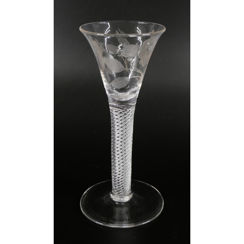 854 - Two Jacobite wine glasses, circa 1900, a double series opaque twist cordial glass with finely engrav... 