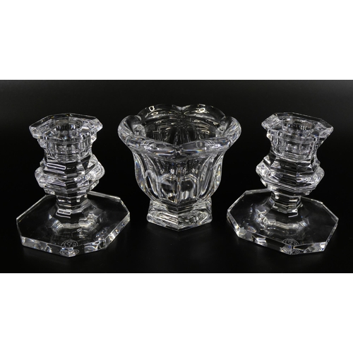 855 - A Baccarat glass pot, a pair of Baccarat candlestick holders, and four Royal Worcester egg coddlers,... 