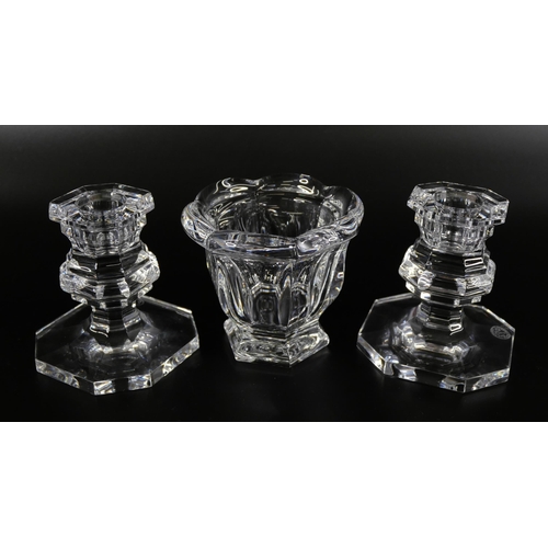 855 - A Baccarat glass pot, a pair of Baccarat candlestick holders, and four Royal Worcester egg coddlers,... 