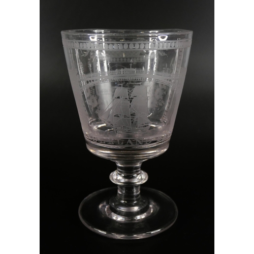 857 - A finely engraved glass tumbler decorated with a pheasant and foliage, and a Sunderland rummer depic... 