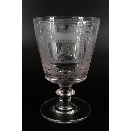 857 - A finely engraved glass tumbler decorated with a pheasant and foliage, and a Sunderland rummer depic... 