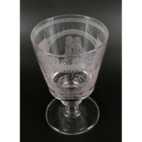 857 - A finely engraved glass tumbler decorated with a pheasant and foliage, and a Sunderland rummer depic... 