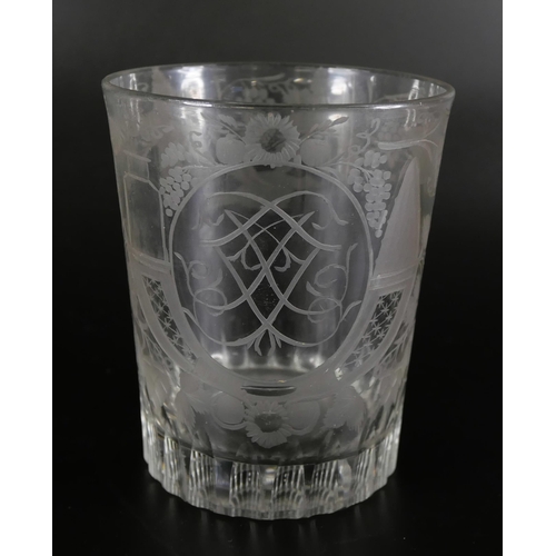 857 - A finely engraved glass tumbler decorated with a pheasant and foliage, and a Sunderland rummer depic... 