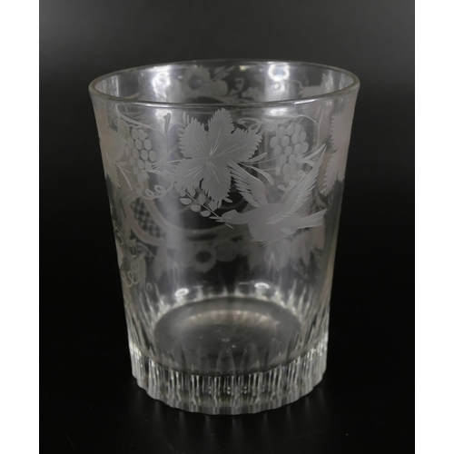 857 - A finely engraved glass tumbler decorated with a pheasant and foliage, and a Sunderland rummer depic... 