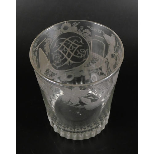 857 - A finely engraved glass tumbler decorated with a pheasant and foliage, and a Sunderland rummer depic... 