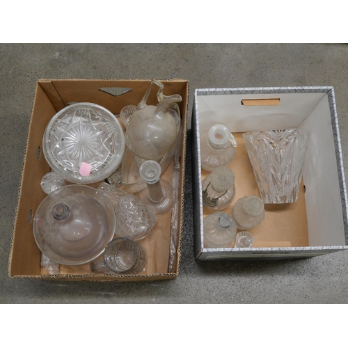 859 - Four boxes of crystal and glass including drinking glasses, decanters, jugs, some a/f