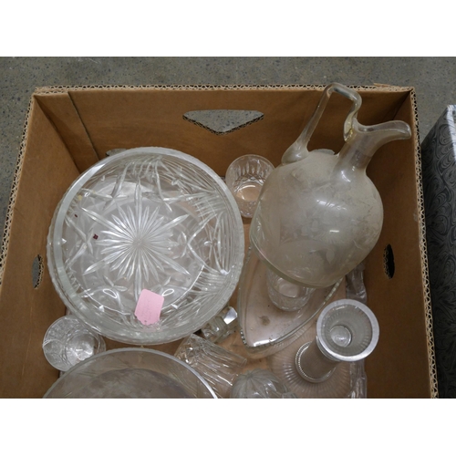 859 - Four boxes of crystal and glass including drinking glasses, decanters, jugs, some a/f