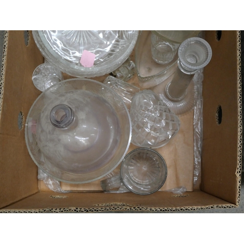 859 - Four boxes of crystal and glass including drinking glasses, decanters, jugs, some a/f