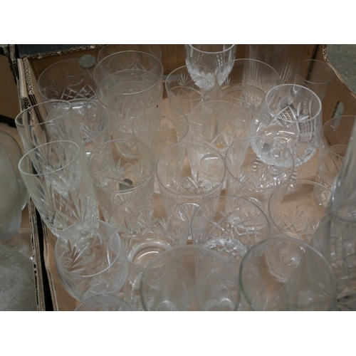 859 - Four boxes of crystal and glass including drinking glasses, decanters, jugs, some a/f