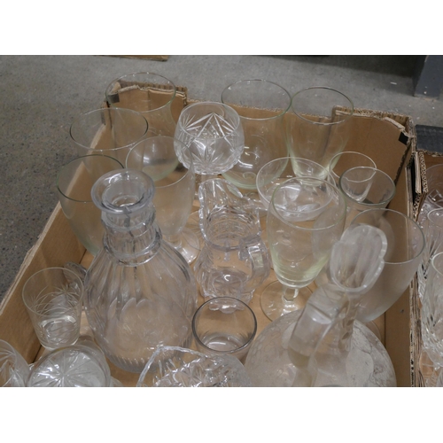 859 - Four boxes of crystal and glass including drinking glasses, decanters, jugs, some a/f