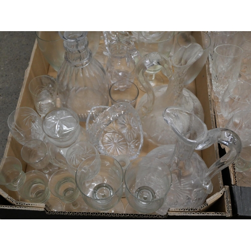 859 - Four boxes of crystal and glass including drinking glasses, decanters, jugs, some a/f