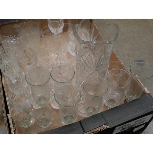 859 - Four boxes of crystal and glass including drinking glasses, decanters, jugs, some a/f