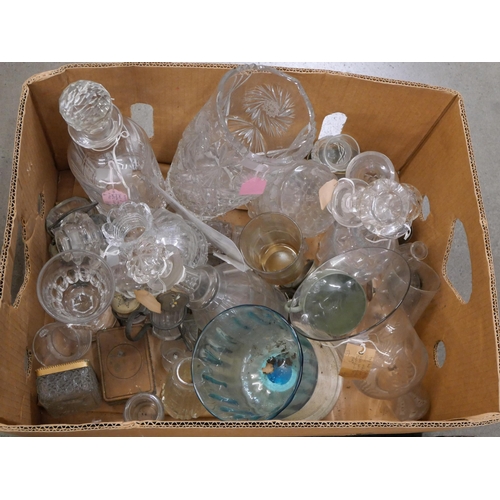 860 - Three boxes of crystal and glass, other glasses, vases and decanters, some a/f