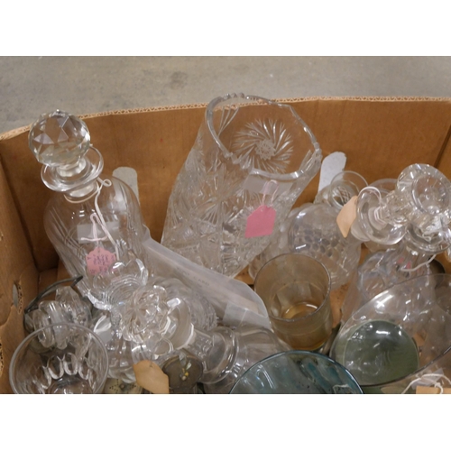 860 - Three boxes of crystal and glass, other glasses, vases and decanters, some a/f