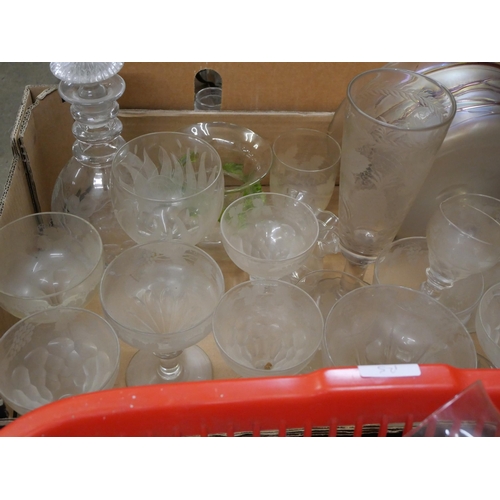 860 - Three boxes of crystal and glass, other glasses, vases and decanters, some a/f