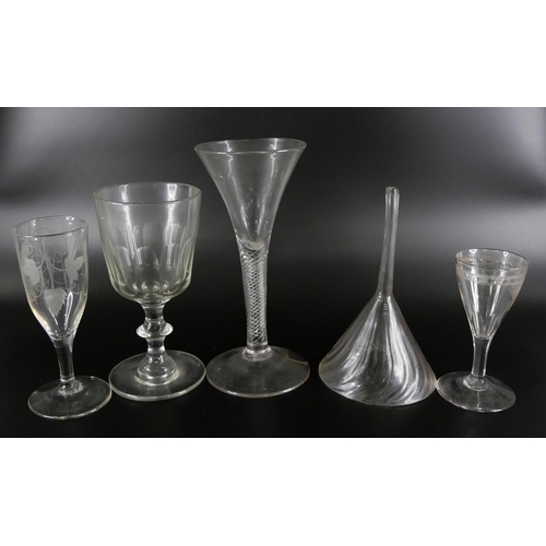 868 - A collection of drinking glasses, pots and wine funnels, some a/f