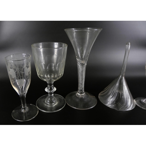 868 - A collection of drinking glasses, pots and wine funnels, some a/f