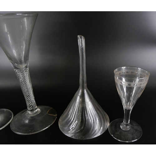 868 - A collection of drinking glasses, pots and wine funnels, some a/f