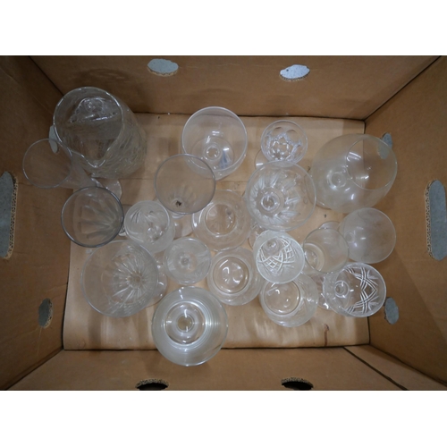 869 - A set of etched glass drinking glasses, vases, jug, etc., some a/f