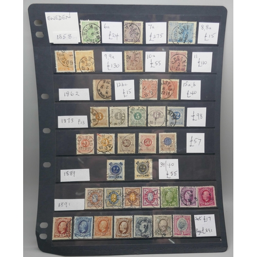 876 - Stamps; early Sweden stamps on stock sheet, (all identified and catalogued at £890)