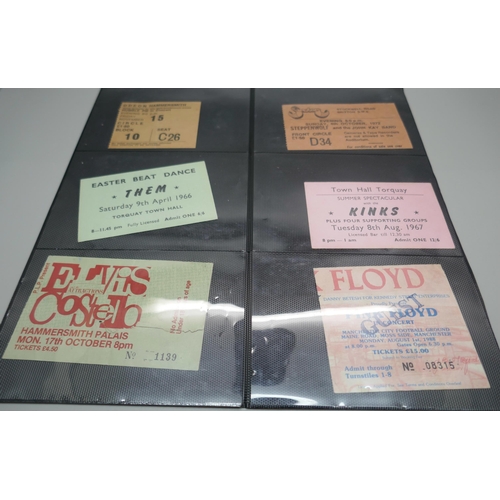 879 - A collection of 1960s onwards ticket stubs, Bob Dylan, Kinks, Pink Floyd, Them, Steppenwolf, Elvis C... 