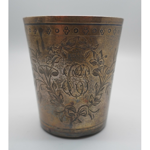 896 - A Georgian white metal beaker, with two continental control marks, tests as silver, 77.8g, 74mm