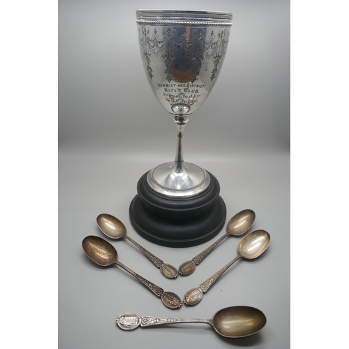 907 - A set of five silver spoons, Midland Railway Rifle Club by Elkington & Co., 157g, and a plated Rifle... 