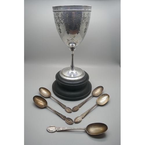 907 - A set of five silver spoons, Midland Railway Rifle Club by Elkington & Co., 157g, and a plated Rifle... 