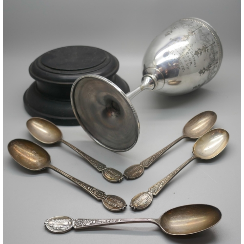 907 - A set of five silver spoons, Midland Railway Rifle Club by Elkington & Co., 157g, and a plated Rifle... 