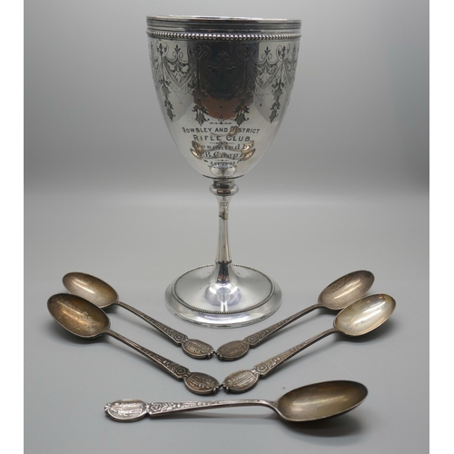 907 - A set of five silver spoons, Midland Railway Rifle Club by Elkington & Co., 157g, and a plated Rifle... 