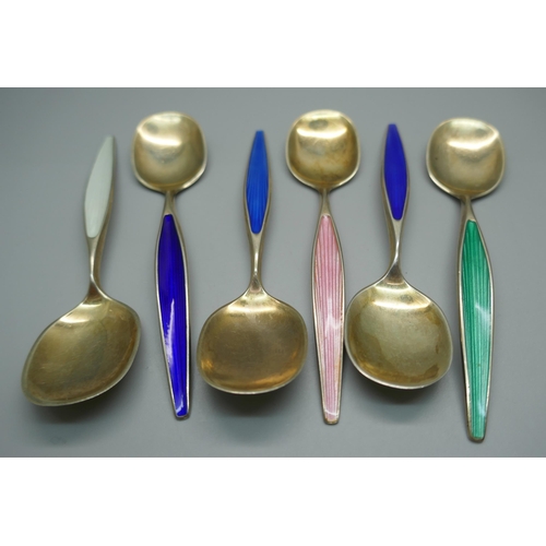 913 - Six Norwegian silver gilt and enamel ice cream spoons by Otto Hval, 95g