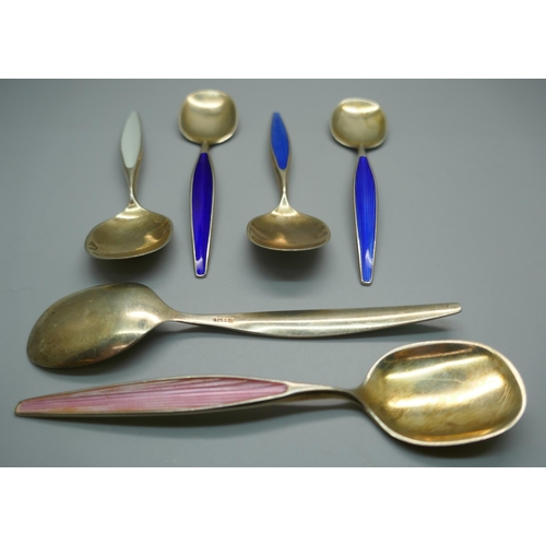 913 - Six Norwegian silver gilt and enamel ice cream spoons by Otto Hval, 95g