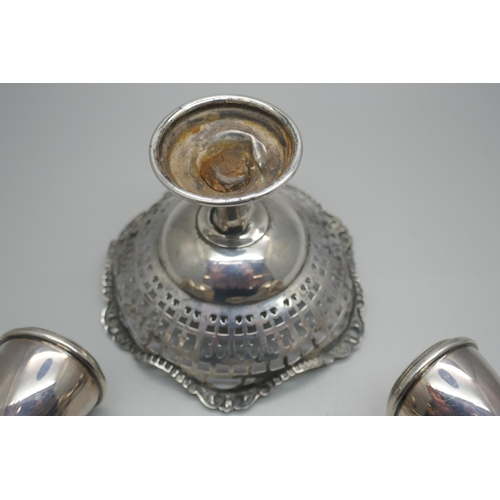 916 - A pair of silver dwarf candlesticks, a silver pedestal bon-bon dish and a silver napkin ring, (dish ... 