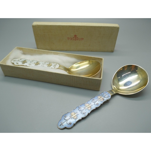 920 - Two silver and enamelled spoons, J. Tostrup, Norway, blue enamel a/f, with one Tostrup box, 67g, 14.... 