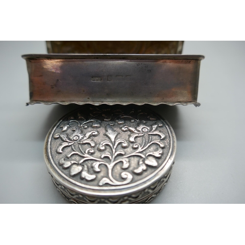 922 - A silver box, 50g, and a white metal compact with mirror, (tests as silver)