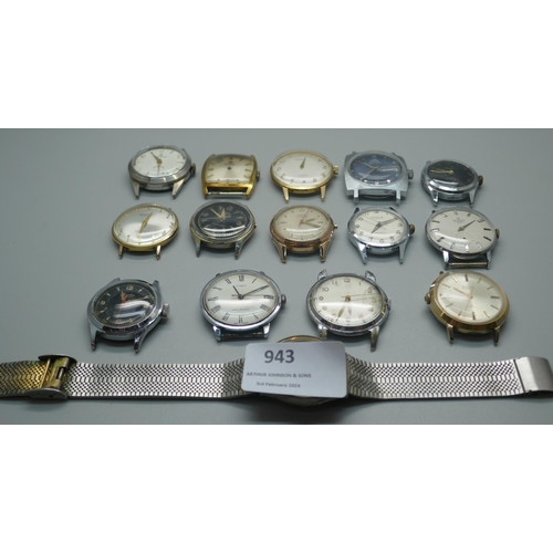 943 - A collection of mechanical wristwatch heads including Roamer, Perona, Timex, etc.