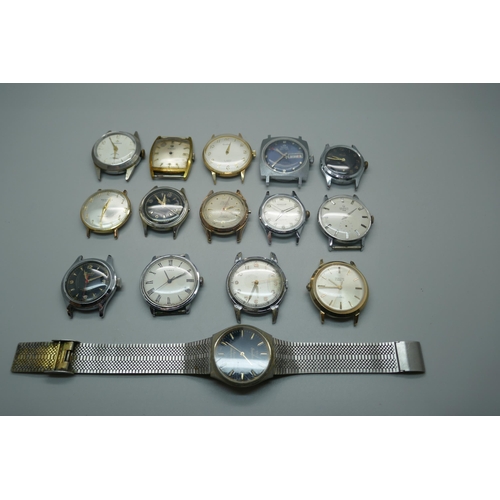 943 - A collection of mechanical wristwatch heads including Roamer, Perona, Timex, etc.